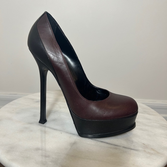 YSL Bordeaux and Black Leather Platform Heels - Picture 4 of 7